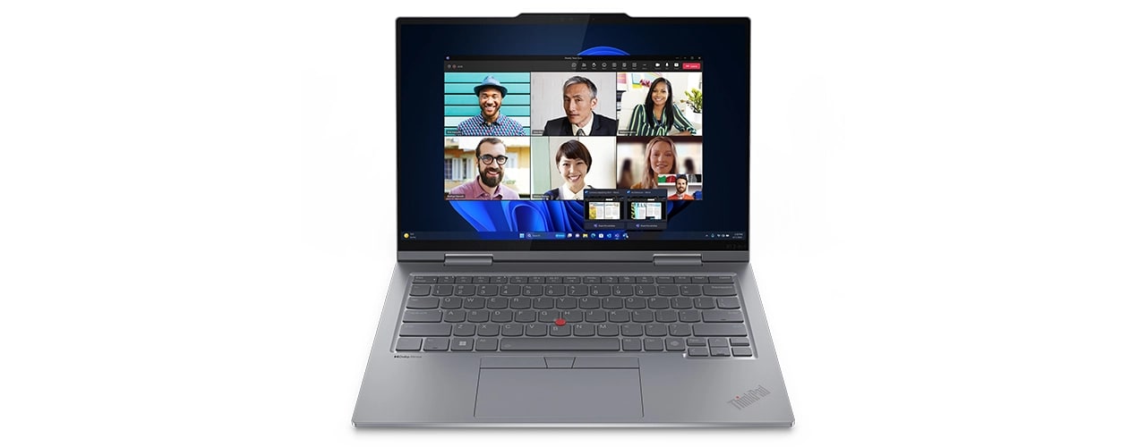Overhead shot of the Lenovo ThinkPad X1 2-in-1 Gen 9 convertible laptop open 90 degrees, with a video conference on the display emphasizing collaboration features.