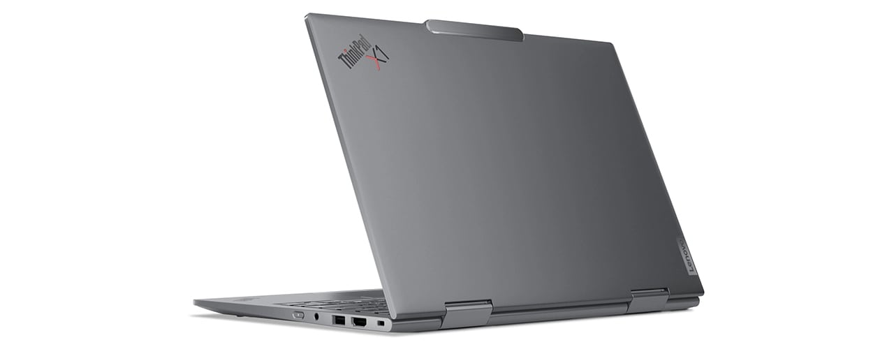 Rückseite des wandelbaren Lenovo ThinkPad X1 2-in-1-Notebook der 9. Generation, mit Fokus auf der ThinkPad X1-ID auf der oberen Abdeckung.