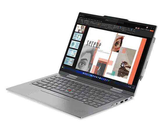 Toma aérea de la laptop convertible 2 en 1 Lenovo ThinkPad X1 frontal, en ángulo para mostrar los puertos del lado derecho, la pantalla y el teclado.