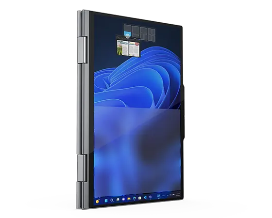 PC portable Lenovo ThinkPad X1 2-en-1 convertible en mode tablette vertical, pour montrer l’écran 14'' et les charnières 360 degrés.