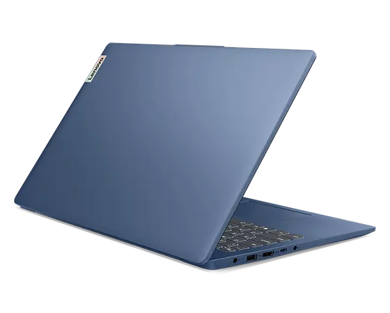 Rear, left side view of the Lenovo IdeaPad Slim 3i Gen 9 14 inch laptop in Abyss Blue with lid opened at an acute angle with visible left side ports & Lenovo logo on top cover.
