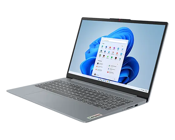 Front, right side view of the Lenovo IdeaPad Slim 3i Gen 9 14 inch laptop in Artic Grey with lid opened at wide angle, focusing its keyboard & Windows 11 pro menu on the display.