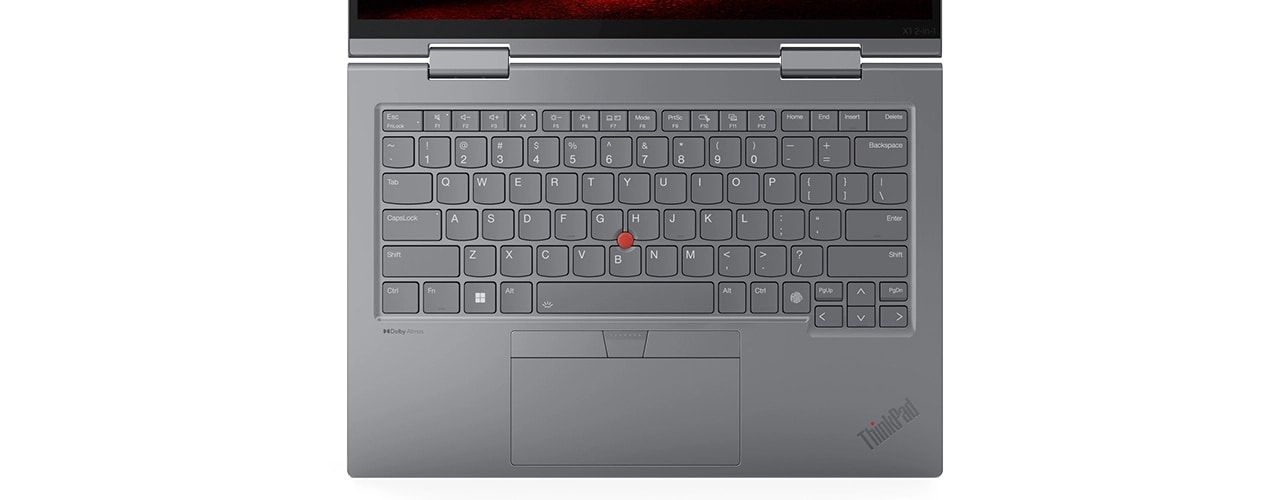 Overhead shot of the redesigned keyboard on the Lenovo ThinkPad X1 2-in-1 Gen 9 convertible laptop.