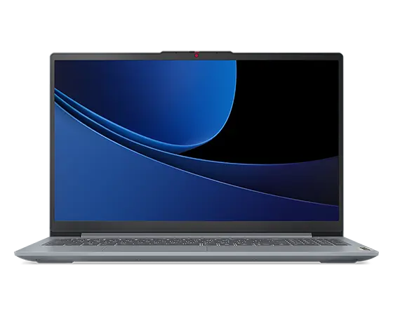 Nærbilde, forsidevisning av Lenovo IdeaPad Slim 3i Gen 9 14" bærbar PC i Artic Grey med deksel åpen 90 grader, med hovedfokus på skjermene i standby-modus.