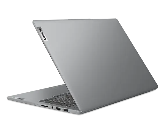 Rear, right side view of the Lenovo IdeaPad Pro 5 Gen 9 16 inch AMD laptop with lid open at an acute angle with four visible ports.