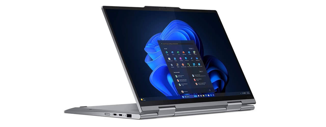 Vorderseite des wandelbaren Lenovo ThinkPad X1 2-in-1-Notebook, das im Standmodus auf sich selbst zurückgeklappt ist, mit dem Startmenü von Windows 11 Pro auf dem Display.