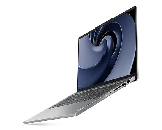 Floating, front-right side image of Lenovo IdeaPad Pro Gen 9 14 inch laptop with lid open at a wide angle with a focus on its slim shape.
