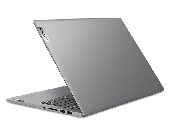 IdeaPad Pro 5 Gen 9 (14” AMD) rear view, three-quarter with lid partially open, and facing left