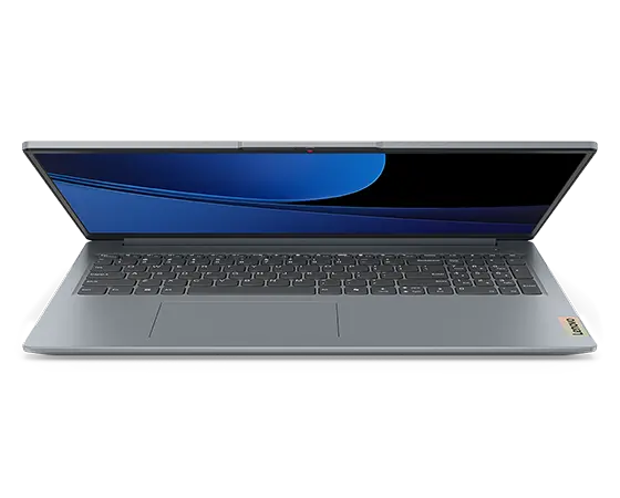 Close up, front view of the Lenovo IdeaPad Slim 3i Gen 9 16 inch laptop in Artic Grey with lid opened at an acute angle & display in standby mode, majorly focusing its keyboard.