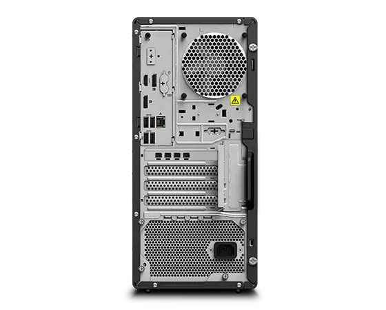 Rear view of the Lenovo ThinkStation P2 Tower workstation, focusing its back side ports and its hardware architecture.