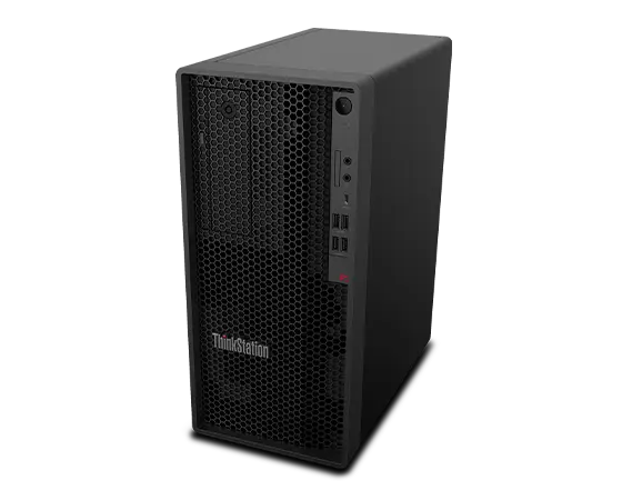 Font, right side view of the Lenovo ThinkStation P2 Tower workstation captured from above the ground level, focusing its front grid architecture and ports with the ThinkStation logo.