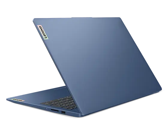 Rear, right side view of the Lenovo IdeaPad Slim 3i Gen 9 16 inch laptop in Abyss Blue with lid opened at acute angle & visible right side ports & Lenovo logo on top cover.
