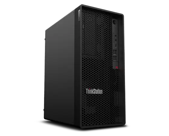 Font, left side view of the Lenovo ThinkStation P2 Tower workstation captured from the ground level, focusing its front grid architecture and ports with the ThinkStation logo.