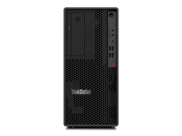 Front view of the Lenovo ThinkStation P2 Tower workstation, focusing its front side ports on the top right and the ThinkStation logo on the bottom left, near to the center.