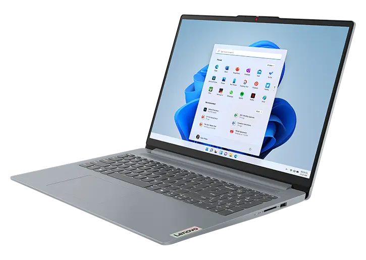 Front, right side view of the Lenovo IdeaPad Slim 3i Gen 9 16 inch laptop in Artic Grey with lid opened at wide angle, focusing its keyboard & Windows 11 Pro menu on the display.