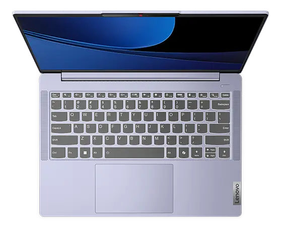 Lenovo IdeaPad Slim 5i Gen 9 (14&quot; Intel) laptop – Abyss Blue – top view, lid open, wavy blue lines on the display