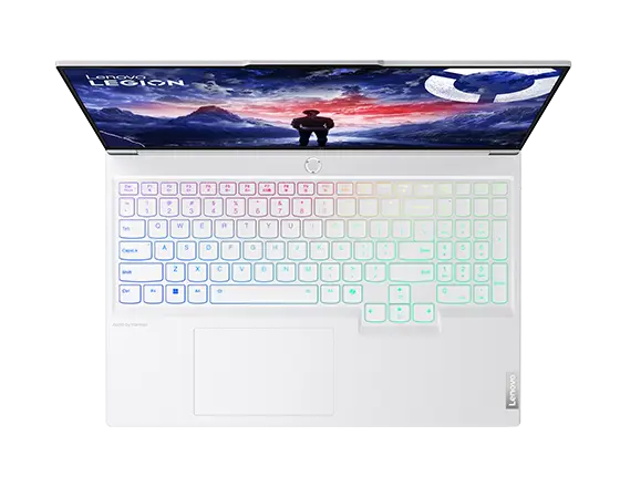 Lenovo Legion 7i Gen 9 (16″ Intel) in Glacier White, top view of Legion TrueStrike keyboard with zoned RGB keyboard backlight