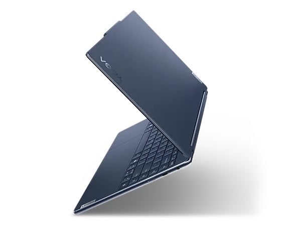 Yoga 9i 2-in-1 Gen 9 (14” Intel) in Cosmic Blue in Laptop Mode elevated, right side profile