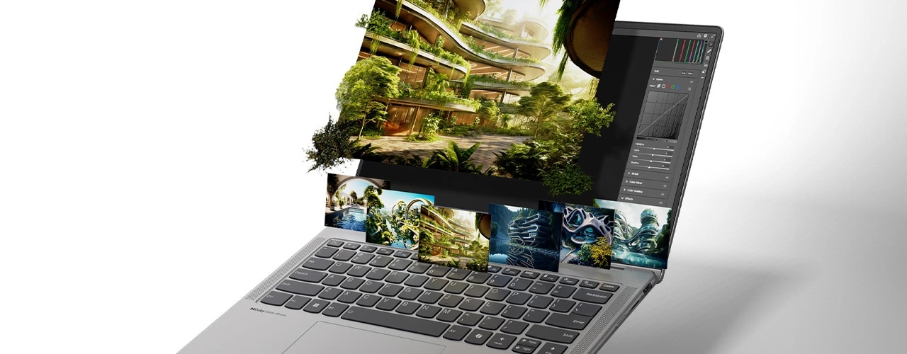 Right front angle view of the Lenovo Yoga 7 2-in-1 Gen 9 (14 AMD) with images of nature bursting from the display
