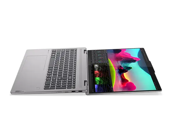 Left view of the Lenovo Yoga 7 2-in-1 Gen 9 (16 AMD) opened 180 degrees and laying flat