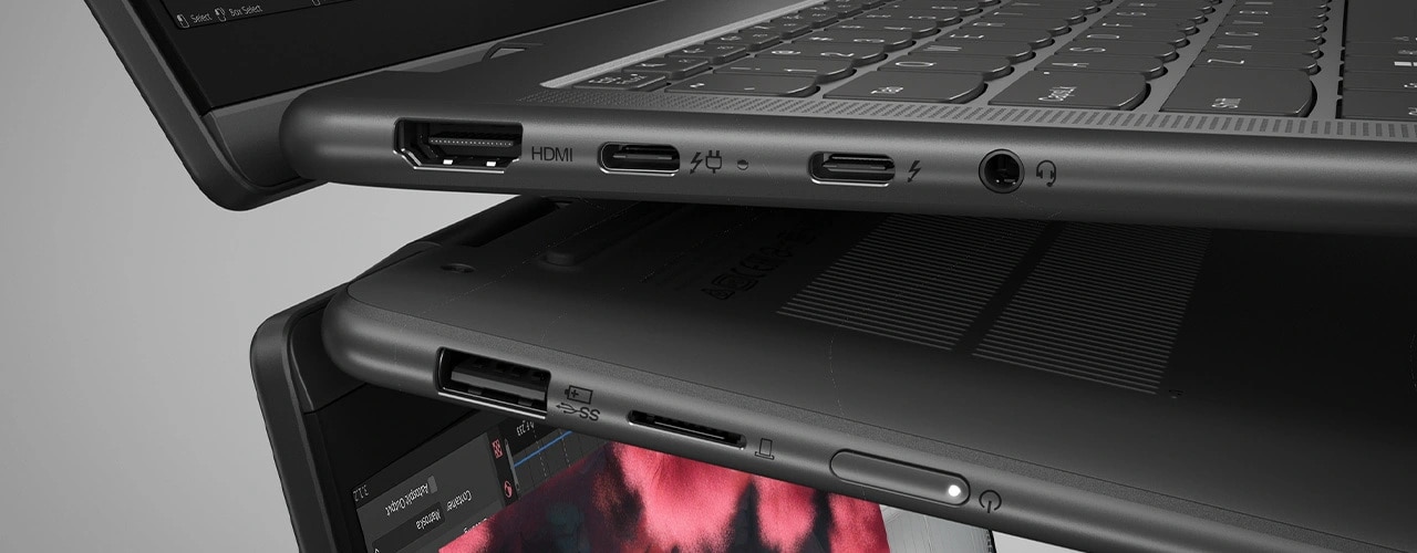 Two Yoga 7 2-in-1 Gen 9 (14 Intel) laptops aligned bottom-to-bottom, illustrating ports