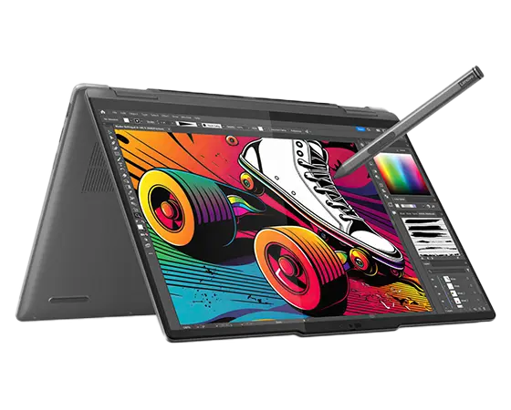 The Yoga 7 2-in-1 Gen 9 (14 Intel) laptop in tent mode, with digital pen