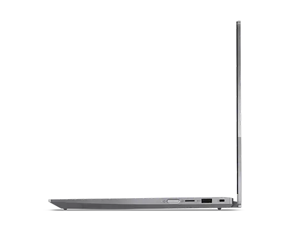 Vista lato destro del laptop Lenovo ThinkBook 14 2 in 1 Gen 4 (14'' Intel) con coperchio aperto a 90 gradi con porte visibili sul lato destro.