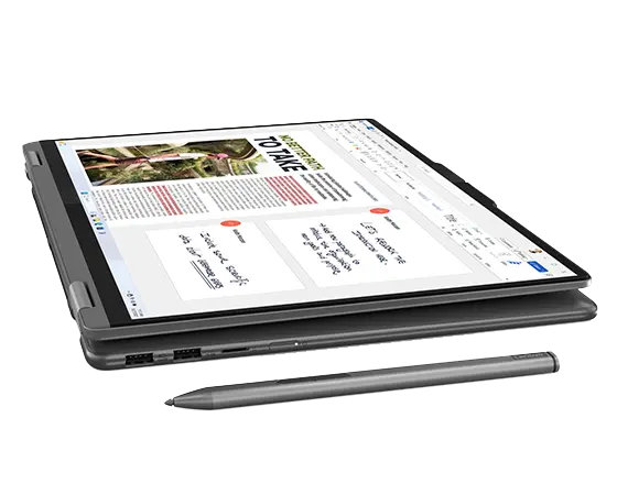 The Yoga 7 2-in-1 Gen 9 (16 Intel) in tablet mode with a digital pen alongside it