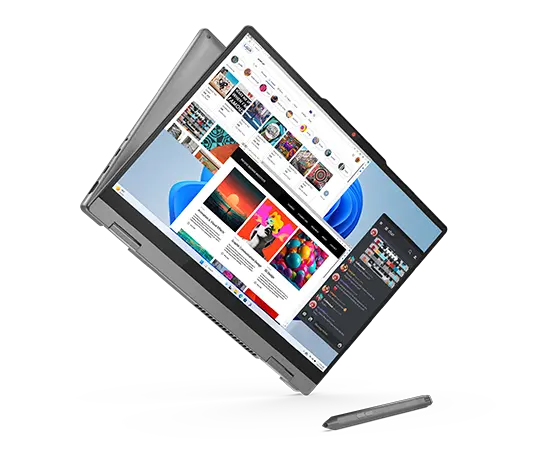 Lenovo IdeaPad 5 2-em-1 Gen 9 (Intel de 35,56 cm/ 14”) a flutuar em modo de tenda com aplicações abertas no ecrã e a caneta digital opcional
