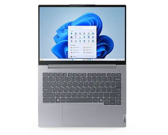 Vista anteriore dall'alto del laptop Lenovo ThinkBook 14 2 in 1 Gen 7 (14'' Intel) aperto a 180 gradi, con dettaglio della tastiera e del display con il menu Windows 11 Pro sullo schermo.