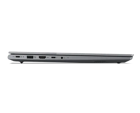Aanzicht van de linkerzijde van de Lenovo ThinkBook 16 Gen 7 (16'' Intel)-laptop met gesloten klep, met weergave van de vijf poorten.