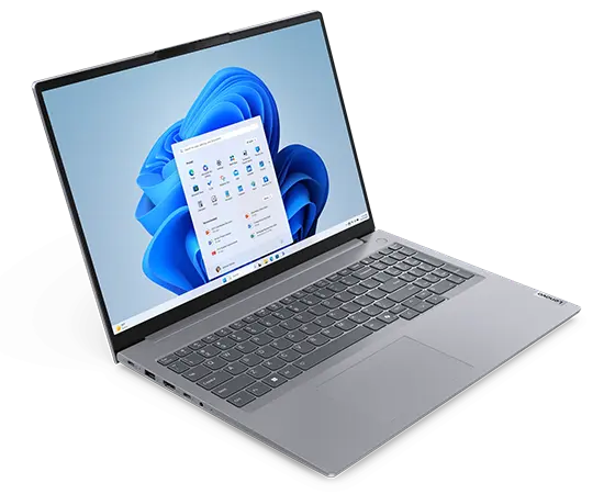 Front, left side view of Lenovo ThinkBook 16 Gen 7 (16 inch Intel) laptop opened at a wide angle, focusing a Windows 11 Pro menu opened on the screen.