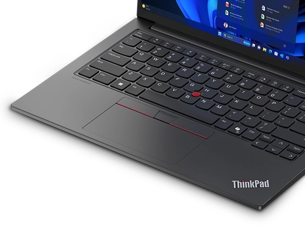 Closeup shot of Lenovo ThinkPad E14 Gen 6 (14” Intel) laptop, opened showing keyboard and trackpad.