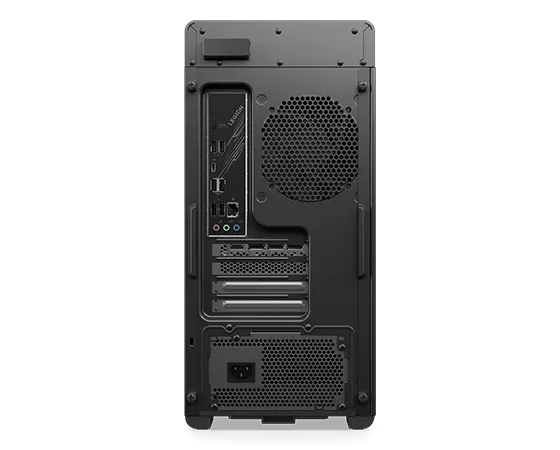 Head-on view of the rear of the Legion Tower 5i Gen 8 (Intel) gaming PC, revealing the many ports and slots including multiple USBs, HDMI, DisplayPort™, and more.