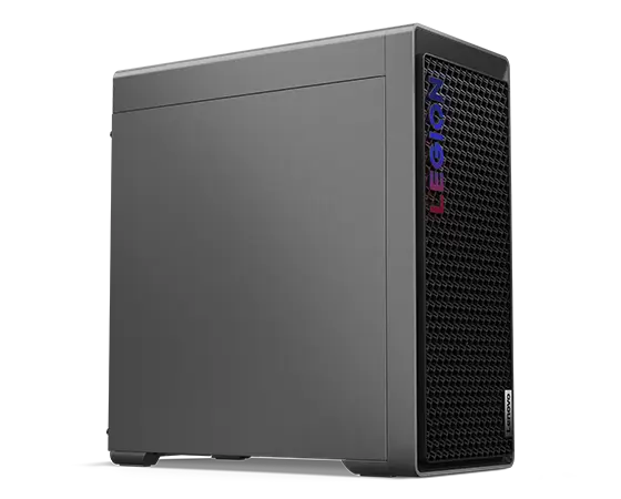 Low-angle, front-left corner view of the Legion Tower 5i Gen 8 (Intel) gaming PC, showing the standard left panel, front mesh venting, and brightly lit Legion logo.