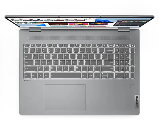 Bilde ovenfra av Lenovo IdeaPad 5 2-i-1 Gen 9 (16 tommer AMD) bærbar PC i Luna Grey åpnet i 90 grader, med fokus på tastaturet og berøringsflaten.