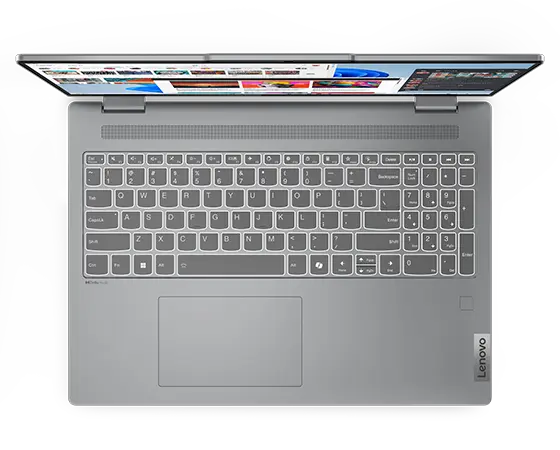 Överhuvudbild av den bärbara datorn Lenovo IdeaPad 5 2-i-1 Gen 9 (16" AMD) i Luna Grey öppnad i 90 grader, med fokus på tangentbord och styrplatta.