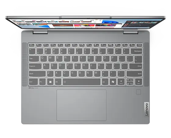 Bild ovanifrån av Lenovo IdeaPad 5 2-i-1 Gen 9 (14'' AMD) bärbar dator i Luna Grey öppnad 90 grader med fokus på tangentbordet och pekplattan.