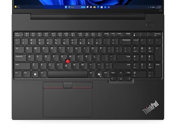 Closeup shot of Lenovo Lenovo ThinkPad E16 Gen 2 (16” Intel) laptop, opened showing keyboard and trackpad.