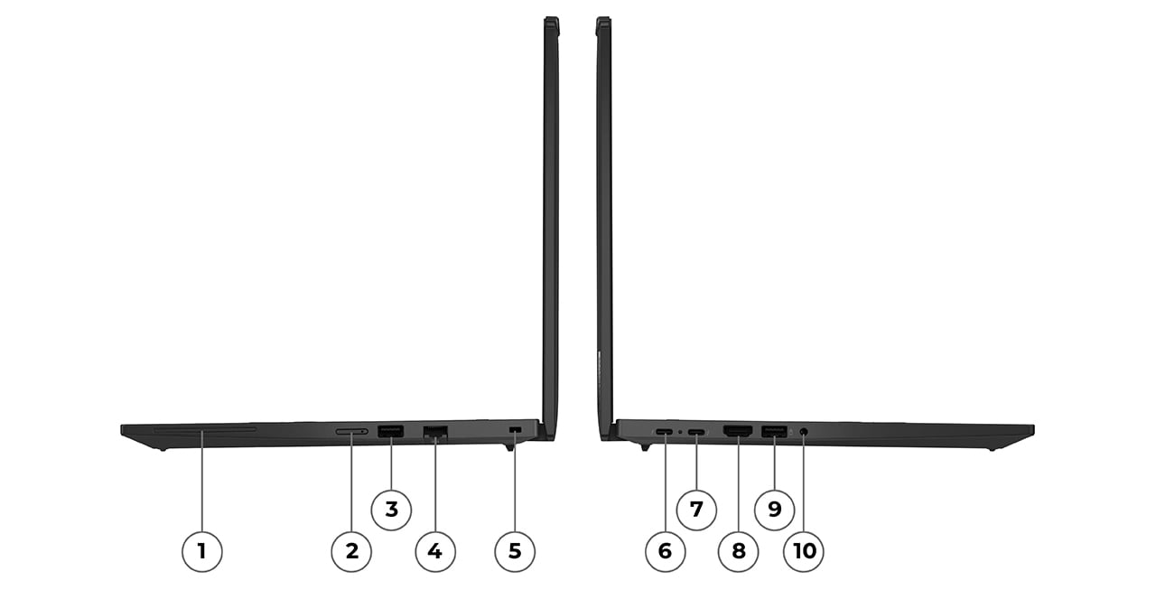 На изображении показаны виды ноутбука Lenovo ThinkPad T14 Gen 5 (14 дюймов Intel) Eclipse Black слева и справа, раскрытого на 90 градусов, порты на правой стороне обозначены цифрами от 1 до 5, а порты на левой стороне — от 6 до 10.