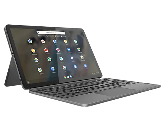 Side view from the left of 11″ IdeaPad Duet 3 Chromebook in laptop mode, showing keyboard, display, and portfolio case stand.
