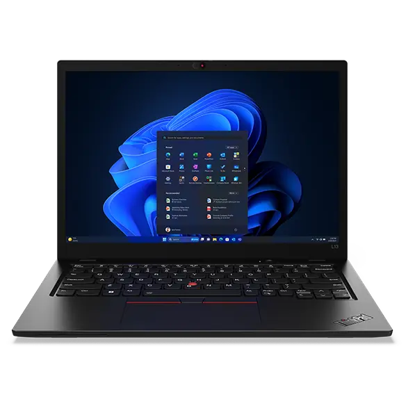 Lenovo ThinkPad L13 Gen 5 laptop front-facing with home screen on display.