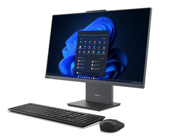 Lenovo ThinkCentre Neo 50a Gen 5 27″ all-in-one desktop PC -- front-right side view showing a wireless keyboard and mouse with a Windows 11 Pro start menu on the screen.
