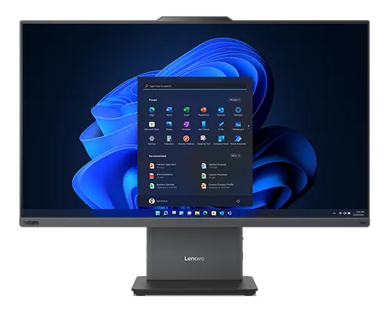 Lenovo ThinkCentre Neo 50a Gen 5 27″ all-in-one desktop PC – close up, front view, showing Windows 11 Pro start menu on the screen.