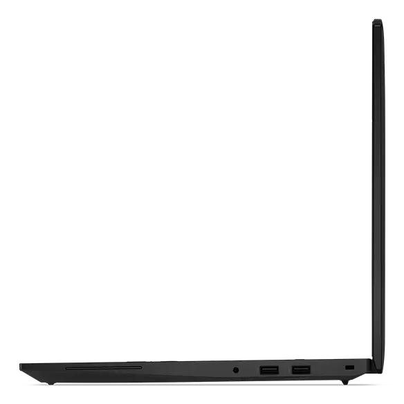 Rechte Seitzenansicht des Lenovo ThinkPad L16 Notebook, um 90 Grad geöffnet, mit Anschlüssen.