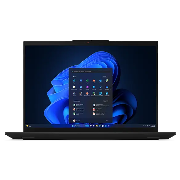 Aperçu de l’avant de l’ordinateur portable Lenovo ThinkPad L16, montrant l’écran avec l’écran d’accueil, ouvert à 90 degrés.