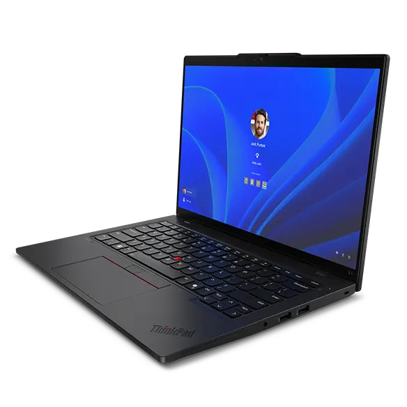 Notebook Lenovo ThinkPad L14 Gen 5 Frontansicht von links mit dem gesicherten Anmeldeprozess