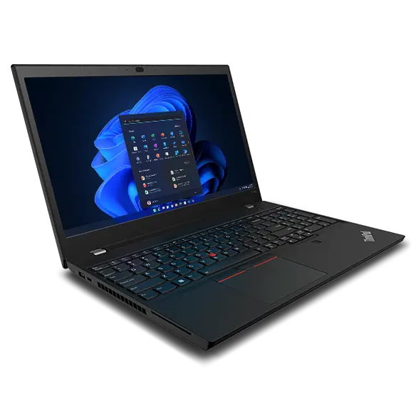 Left side view of ThinkPad T15p Gen 3 (15" Intel) mobile workstation, opened at 90 degrees, showing display, keyboard, and ports