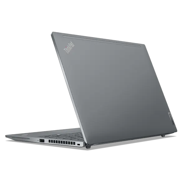 Bakåtvänd Lenovo ThinkPad T14s Gen 4 bärbar dator i Arctic Grey som visar locket och vinklade portar på höger sida.