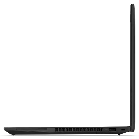 Right-side profile of the Lenovo ThinkPad T14 Gen 4  laptop in Thunder Black open 90 degrees.